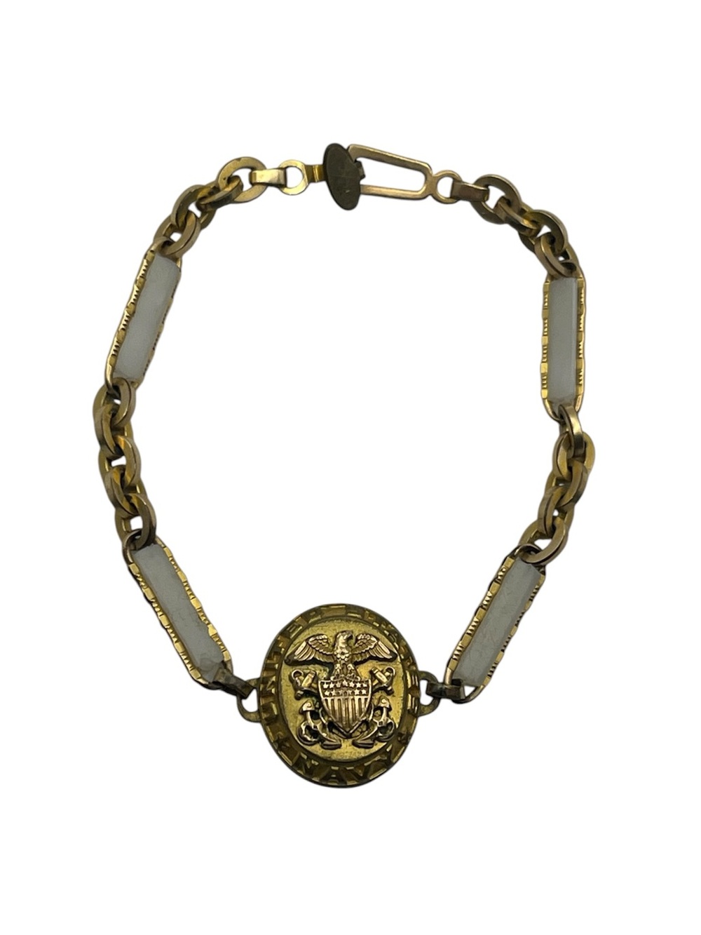 US Navy WWII Era Insignia Sweetheart chain Bracelet gold tone & white vintage